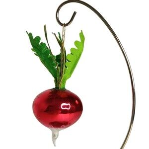 Radish Christmas Ornament Blown Glass Red & White With Green Leaves 6" x 2"